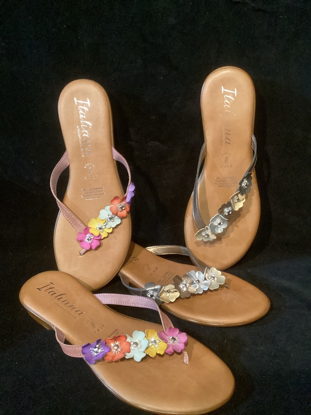 Two Pairs Italina Multicolored Floral Leather Thong Sandals